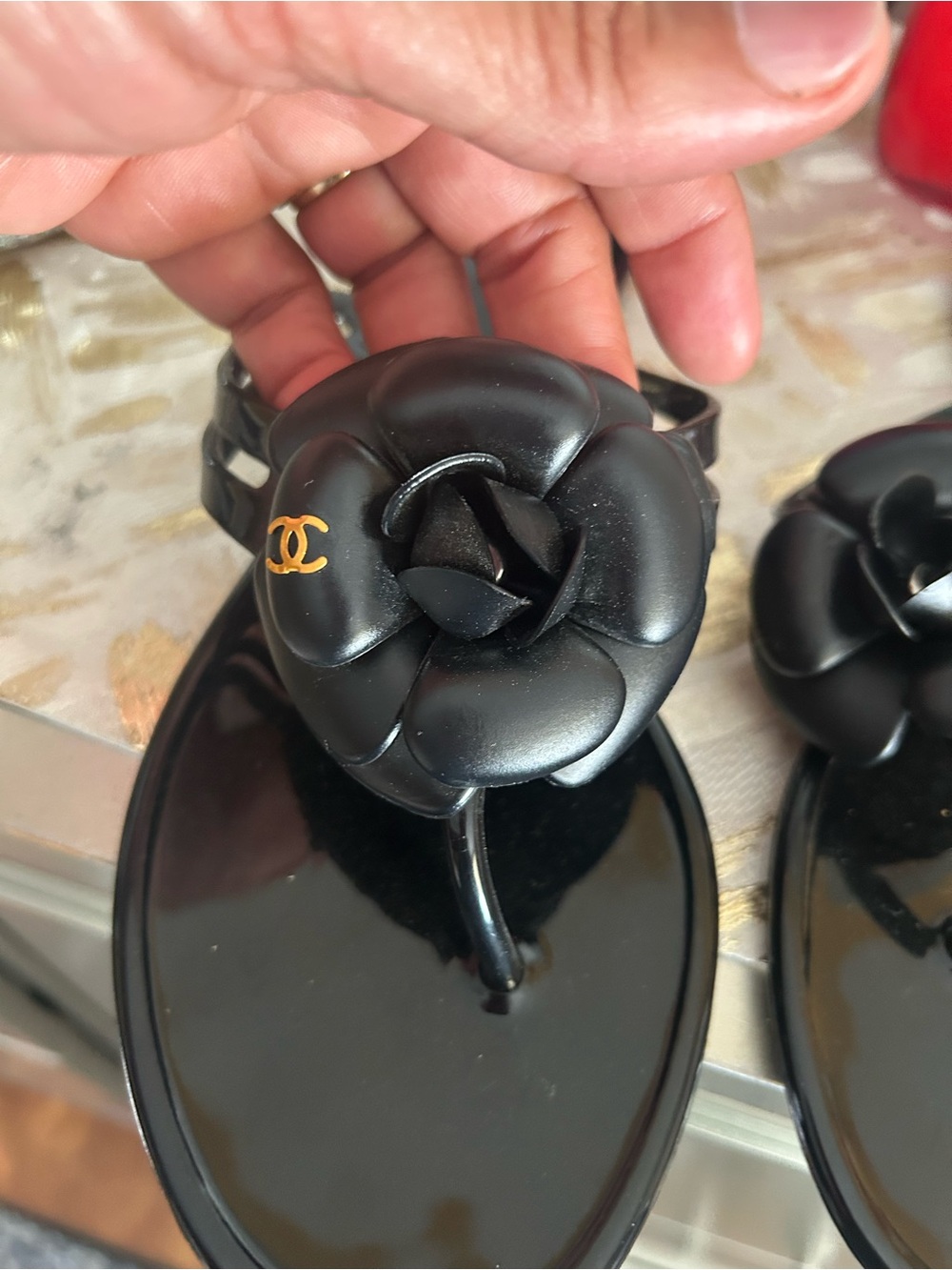 CHANEL Black Camellia Jelly Sandals with Double Straps - Picture 4 of 7